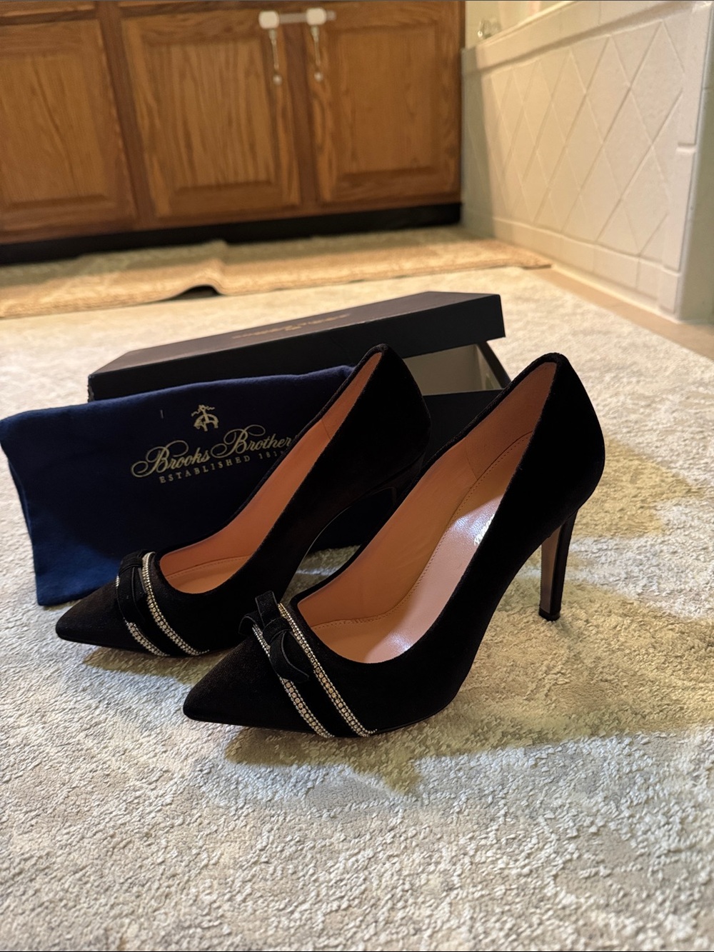 Brooks Brothers Black Suede Pointed-Toe Rhinestone-Trim Pumps